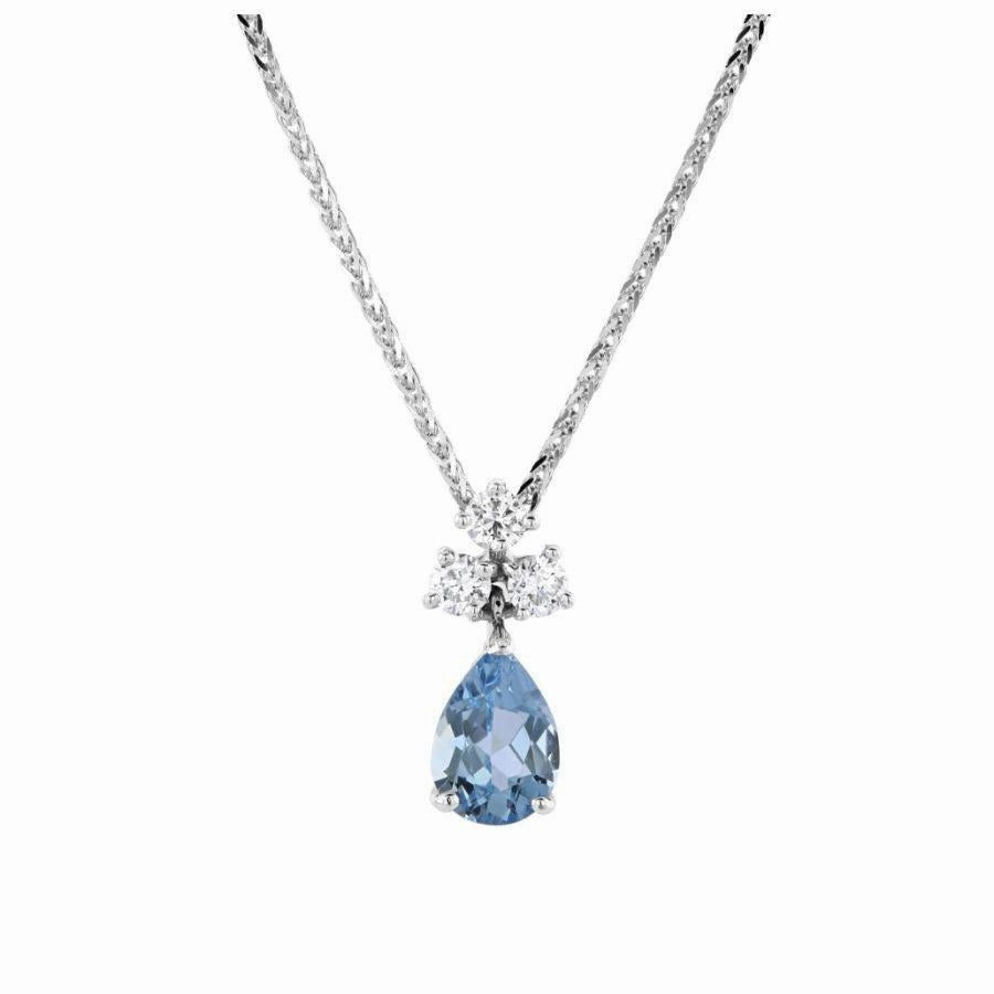 18ct White Gold Pear Cut Aquamarine & Diamond Pendant & Chain