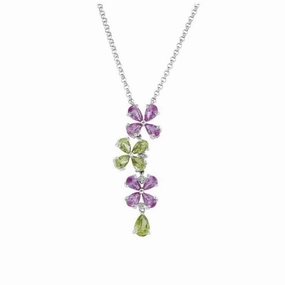 18ct White Gold Pear Cut Peridot & Pink Sapphire Flower Pendant & Chain
