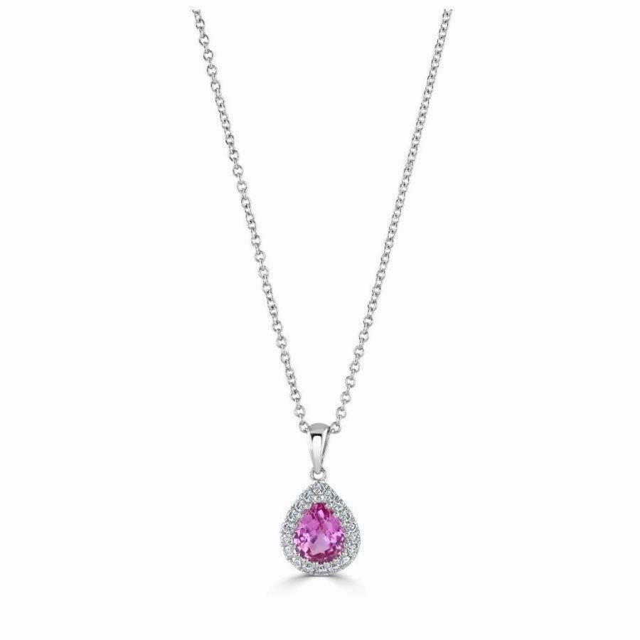 18ct White Gold Pear Cut Pink Sapphire & Diamond Halo Cluster Pendant