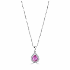 18ct White Gold Pear Cut Pink Sapphire & Diamond Halo Cluster Pendant