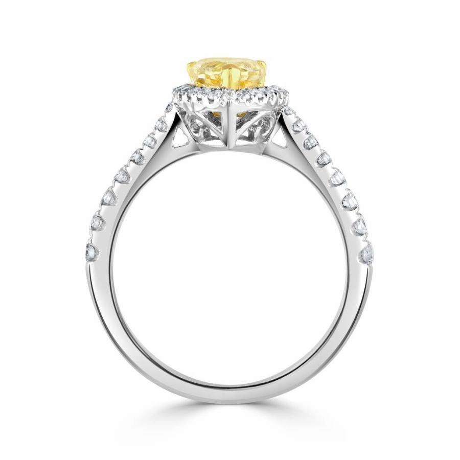 18ct White Gold Pear Cut Yellow Diamond Halo Cluster Ring with Diamond Shoulders