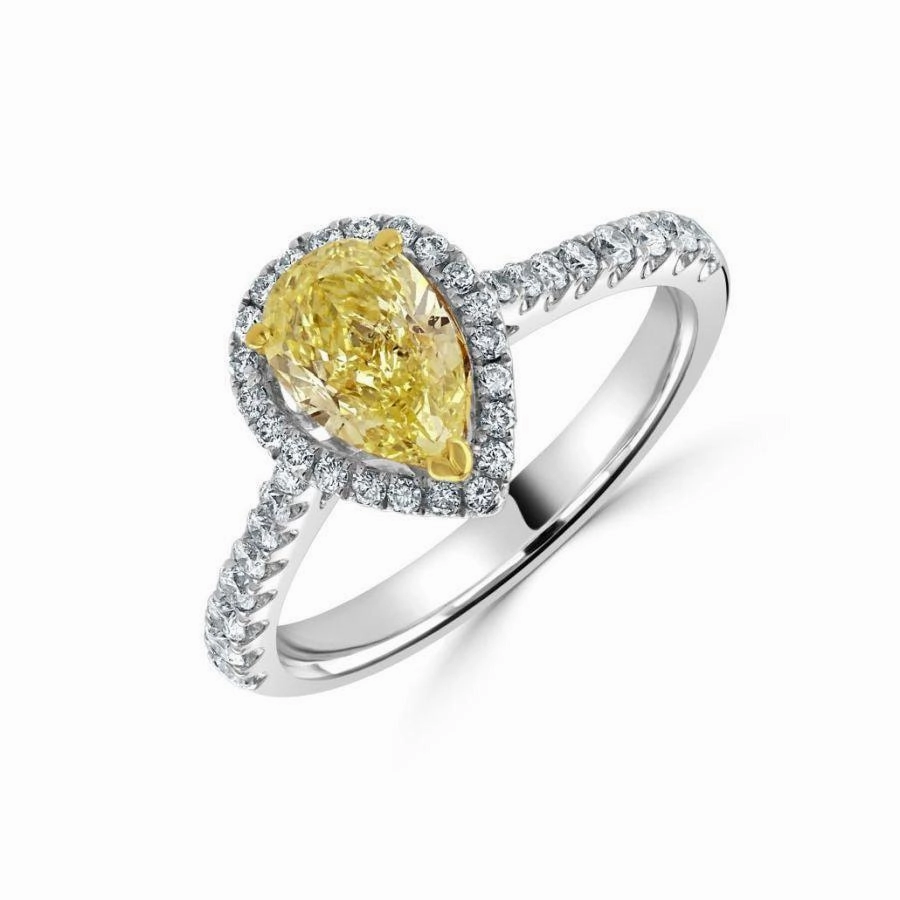 18ct White Gold Pear Cut Yellow Diamond Halo Cluster Ring with Diamond Shoulders