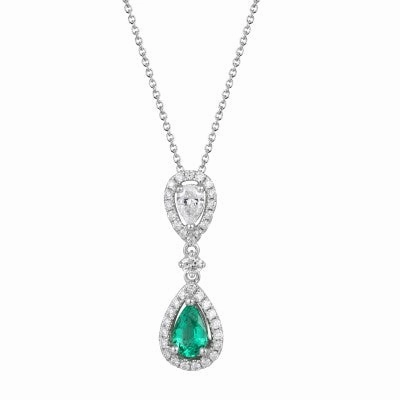 18ct white gold pear emerald and brilliant cut and pear diamond drop pendant supplied with chain