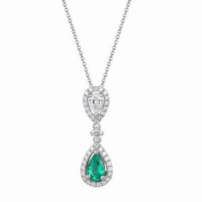 18ct white gold pear emerald and brilliant cut and pear diamond drop pendant supplied with chain
