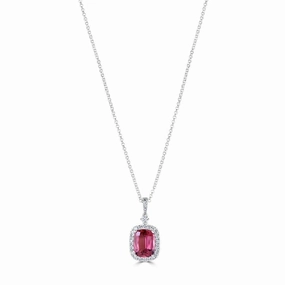 18ct White Gold Pink Tourmaline & Diamond Halo Cluster Pendant