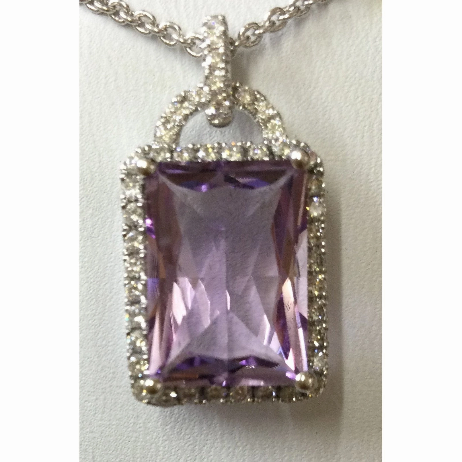 18ct White Gold Rectangular Cut Amethyst & Diamond Halo Cluster Pendant & Chain