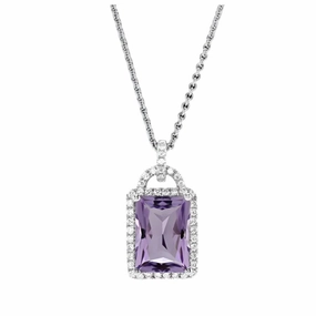 18ct White Gold Rectangular Cut Amethyst & Diamond Halo Cluster Pendant & Chain