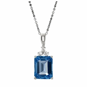 18ct White Gold Rectangular Cut Blue Topaz & Diamond Pendant & Chain