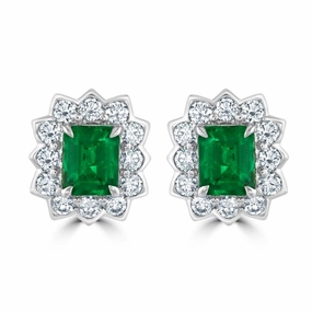 18ct White Gold Rectangular Cut Emerald & Diamond Halo Cluster Earrings