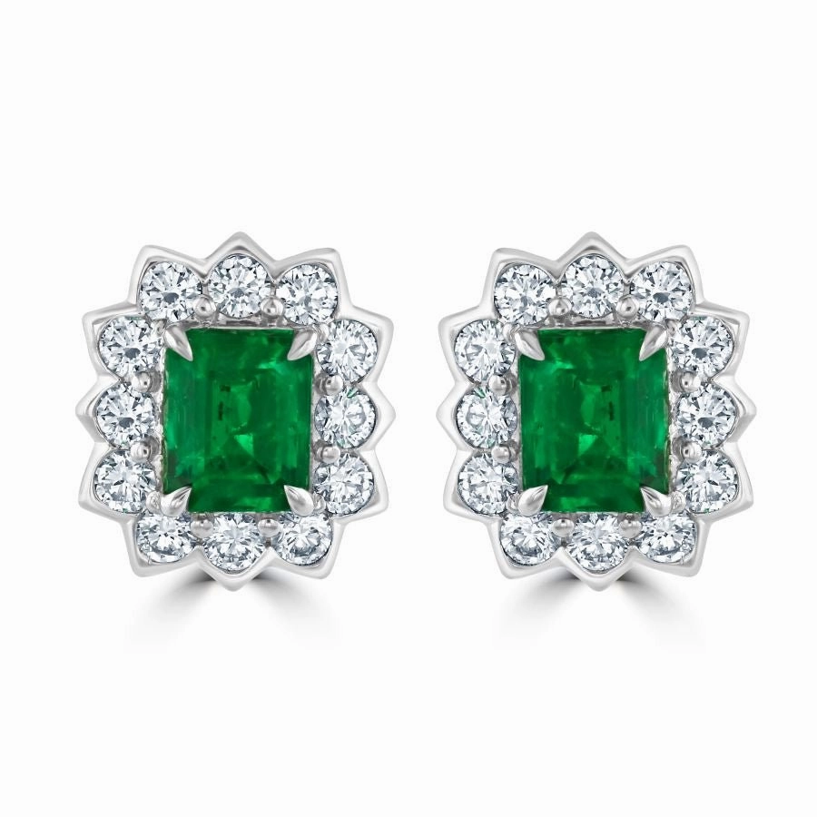18ct White Gold Rectangular Cut Emerald & Diamond Halo Cluster Earrings