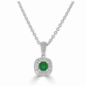 18ct White Gold Round Cut Emerald & Diamond Cushion Shaped Cluster Pendant