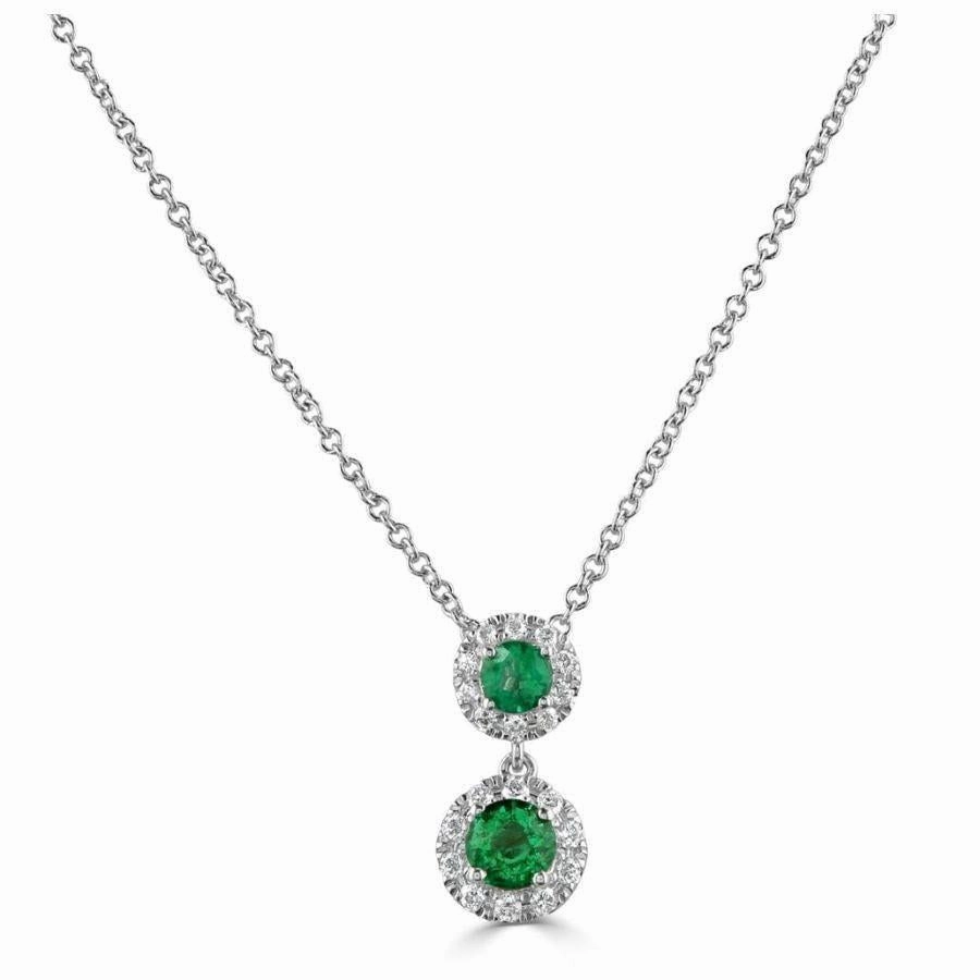 18ct White Gold Round Cut Emerald & Diamond Double Halo Cluster Drop Pendant