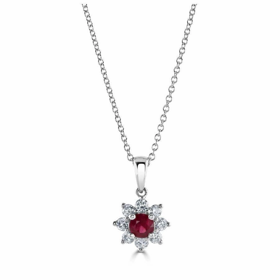 18ct White Gold Round Cut Ruby & Diamond Cluster Pendant