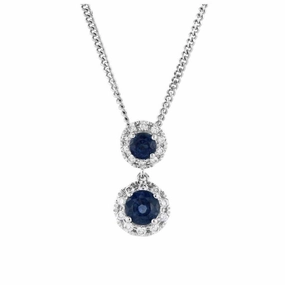 18ct White Gold Round Cut Sapphire & Diamond Halo Cluster Drop Pendant