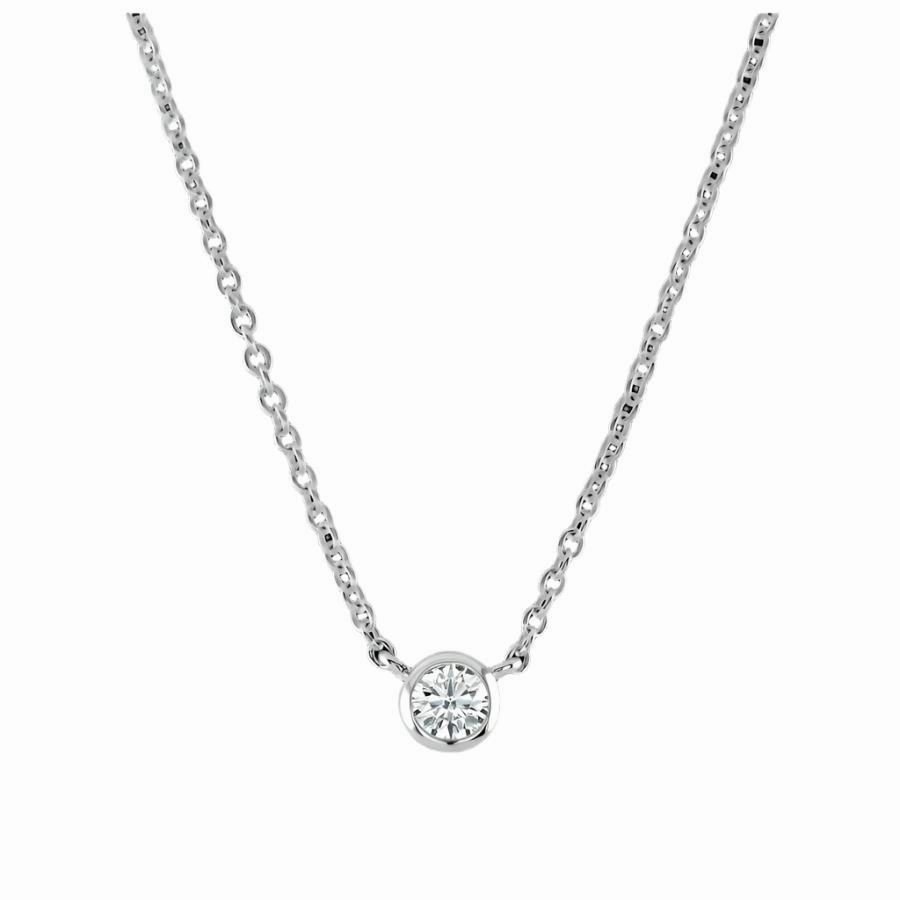 18ct White Gold Rubover Set 0.10ct Round Brilliant Cut Diamond Pendant & Chain