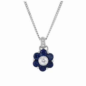 18ct White Gold Sapphire & Diamond Round Cluster Pendant & Chain