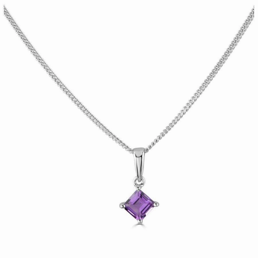 18ct White Gold Square Amethyst Claw Set  Pendant