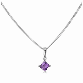 18ct White Gold Square Amethyst Claw Set  Pendant