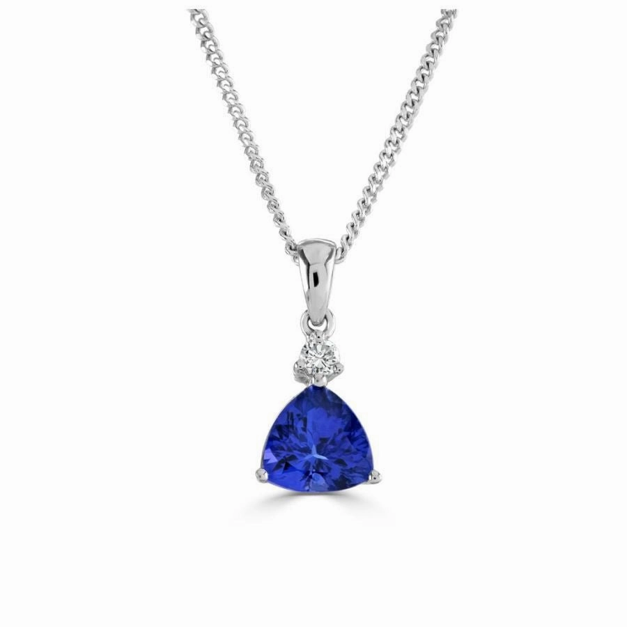 18ct White Gold Trilliant Cut Tanzanite & Round Brilliant Cut Diamond Pendant