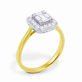 18ct Yellow Gold 0.46ct Baguette And Round Brilliant Cut Diamond Fancy Halo Ring