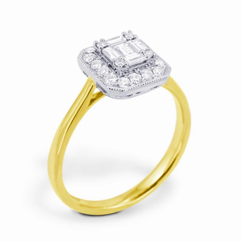 18ct Yellow Gold 0.46ct Baguette And Round Brilliant Cut Diamond Fancy Halo Ring