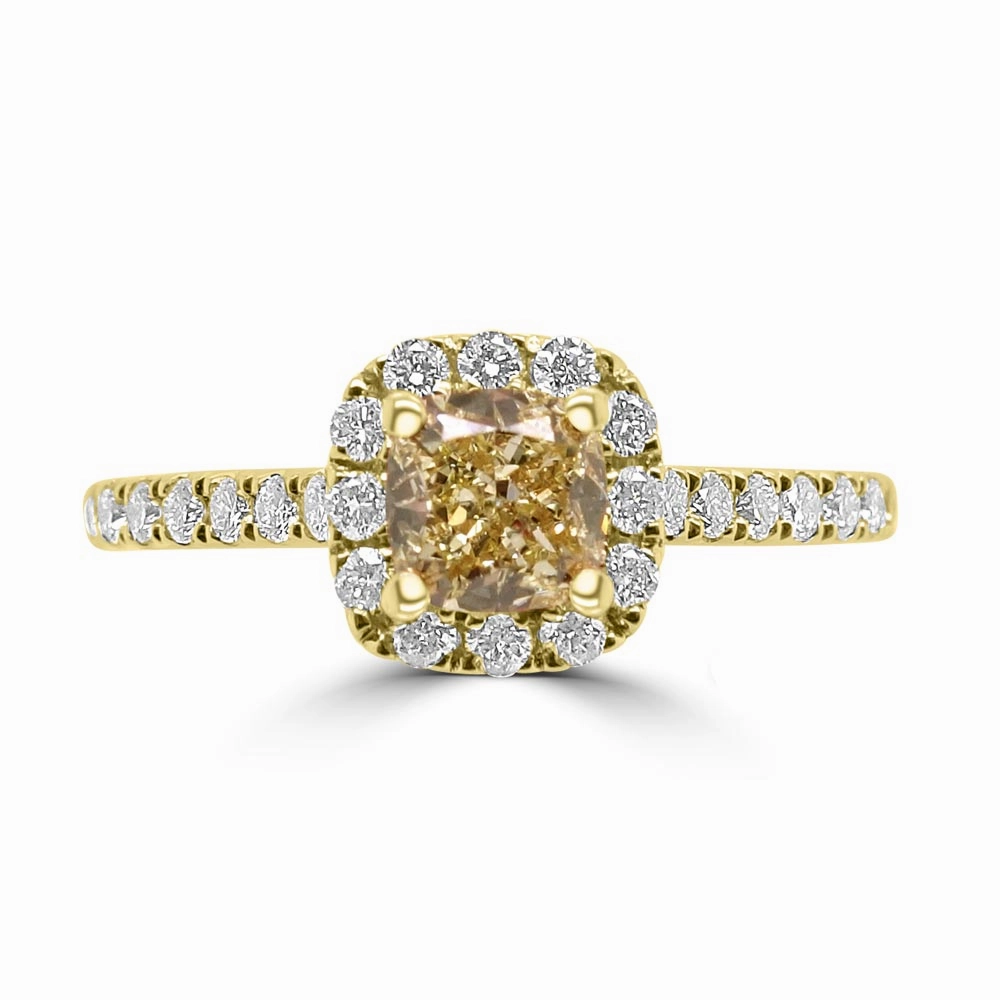 18ct Yellow Gold 0.65ct Cushion Cut Yellow Diamond And 0.37ct Diamond Halo And Shoulders Engagement Ring