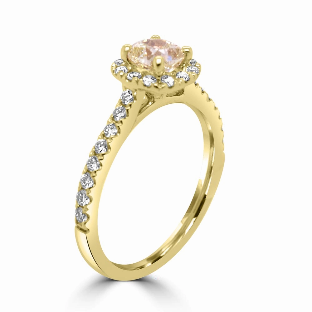 18ct Yellow Gold 0.65ct Cushion Cut Yellow Diamond And 0.37ct Diamond Halo And Shoulders Engagement Ring
