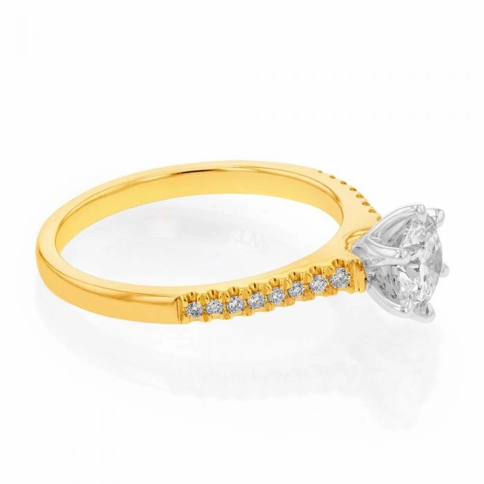 18ct Yellow Gold 3/4 Carat Diamond Solitaire Ring with 0.70 Carat Centre Diamond and 16 Shoulder Diamonds