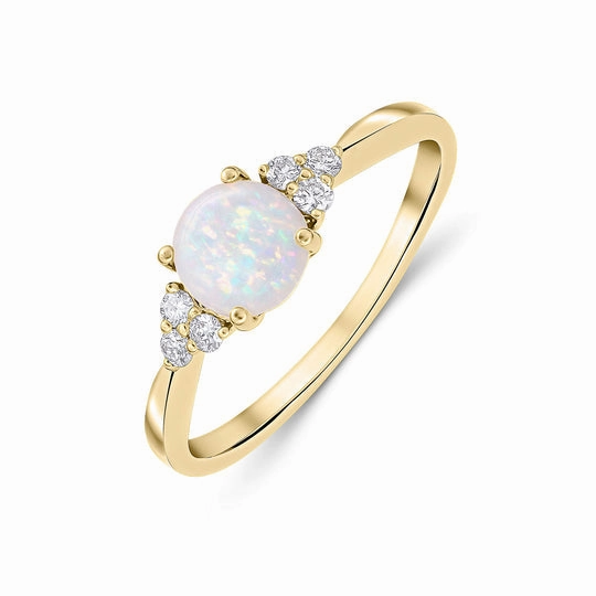 18ct Yellow Gold 6mm Round Opal & Diamond Trefoil Ring