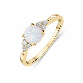 18ct Yellow Gold 6mm Round Opal & Diamond Trefoil Ring