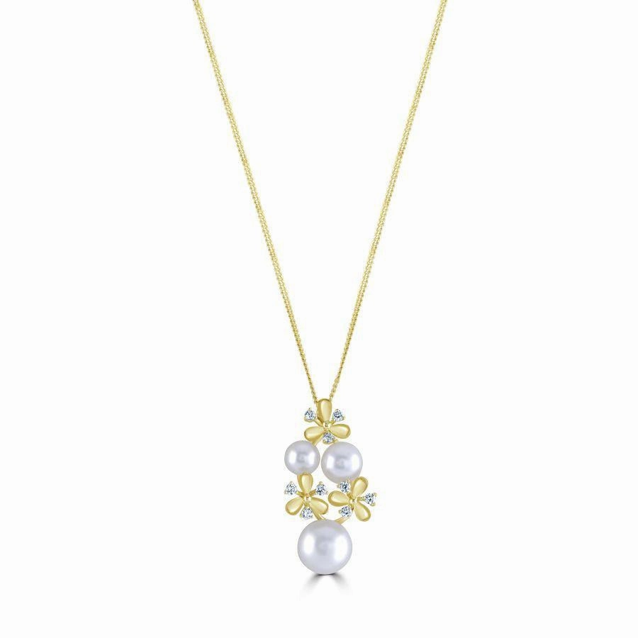 18ct Yellow Gold Akoya Pearl & Diamond Flower Pendant