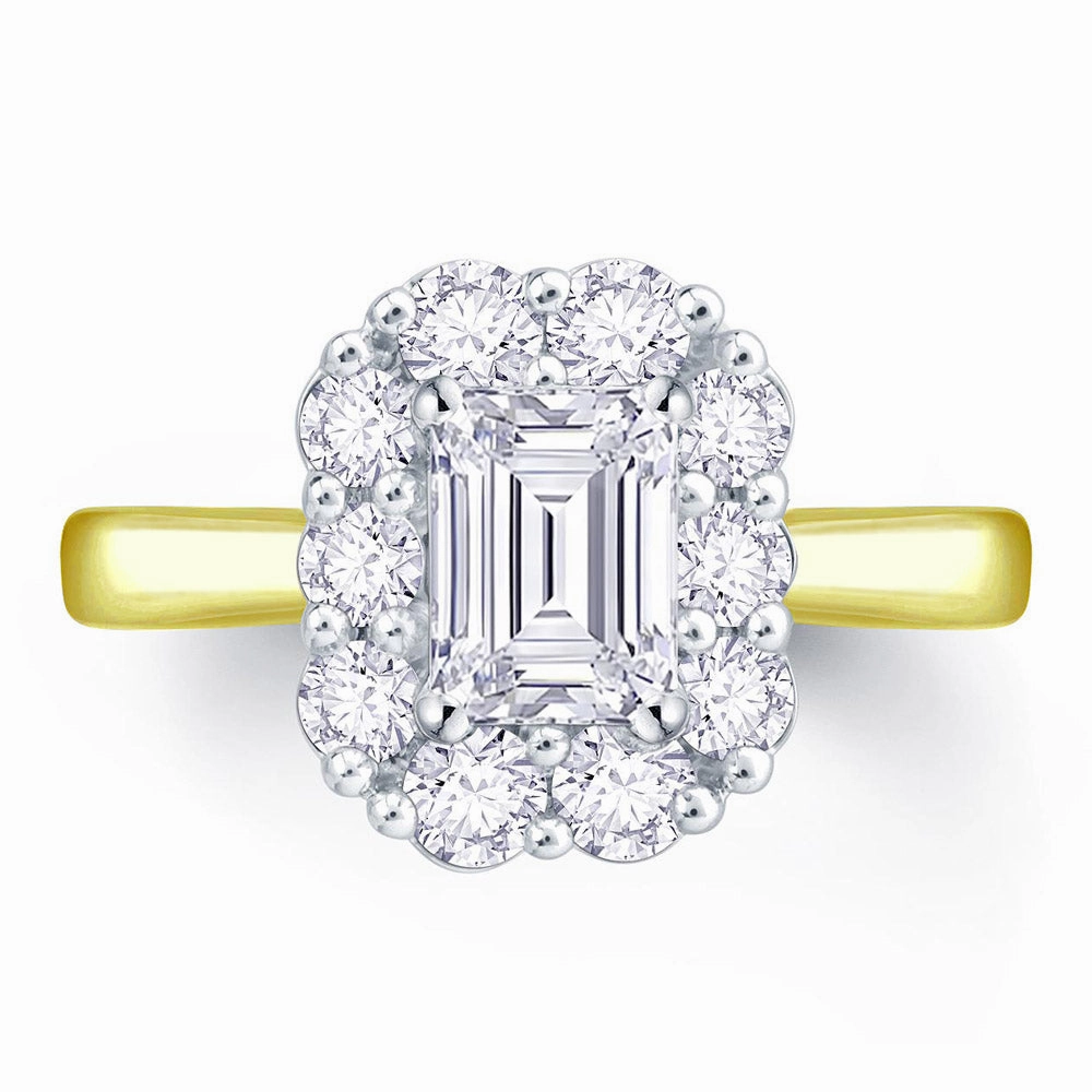 18ct Yellow Gold And Platinum 0.70ct Emerald And Round Brilliant Cut Diamond Cluster Ring