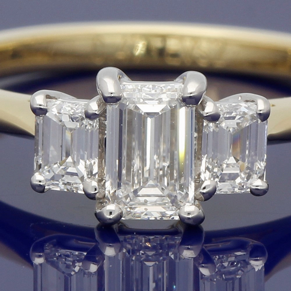 18ct Yellow Gold Certificated Emerald Cut Diamond Trilogy Ring