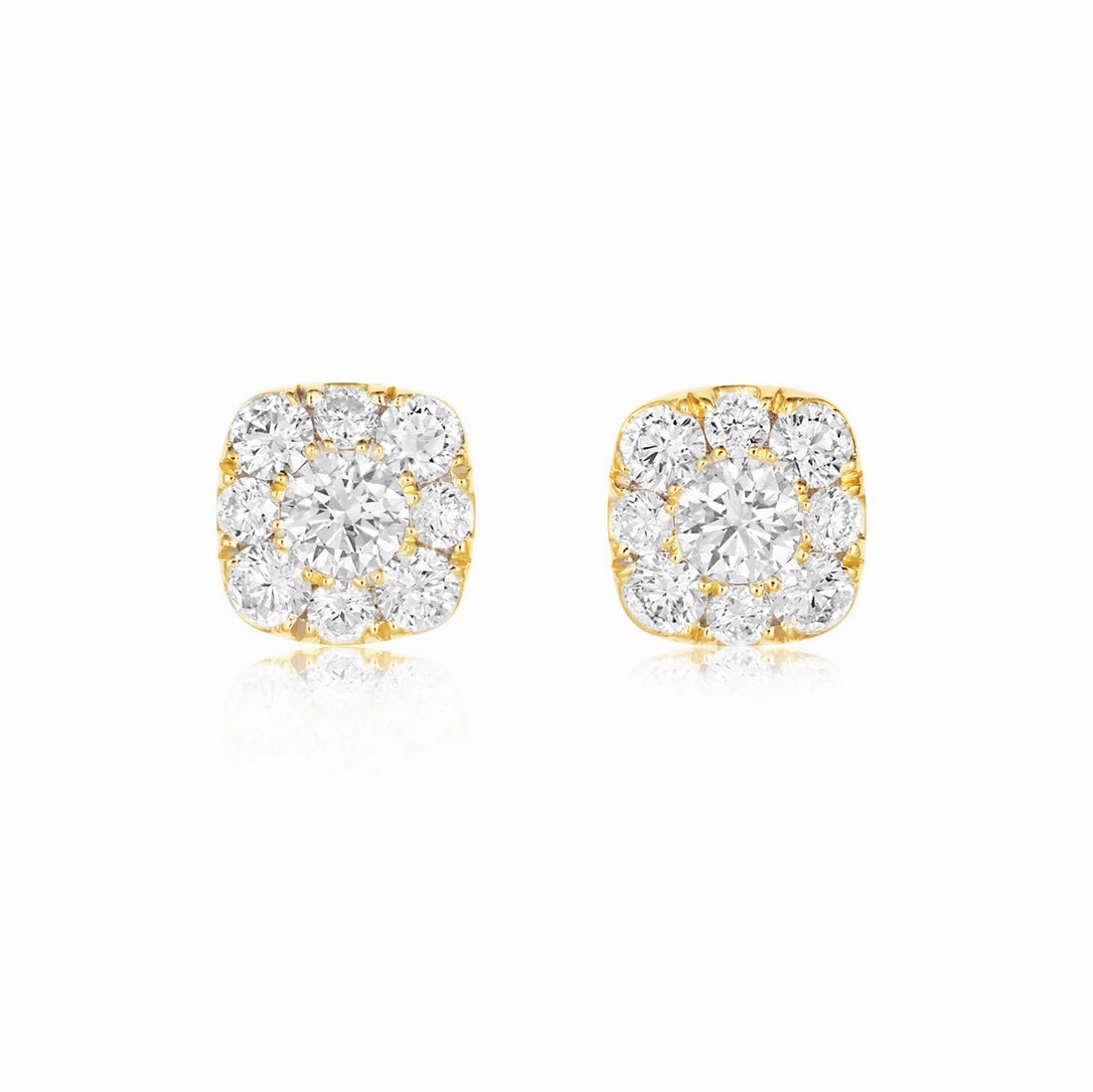 18ct yellow gold cushion shaped cluster stud earrings set with brilliant cut claw set diamonds