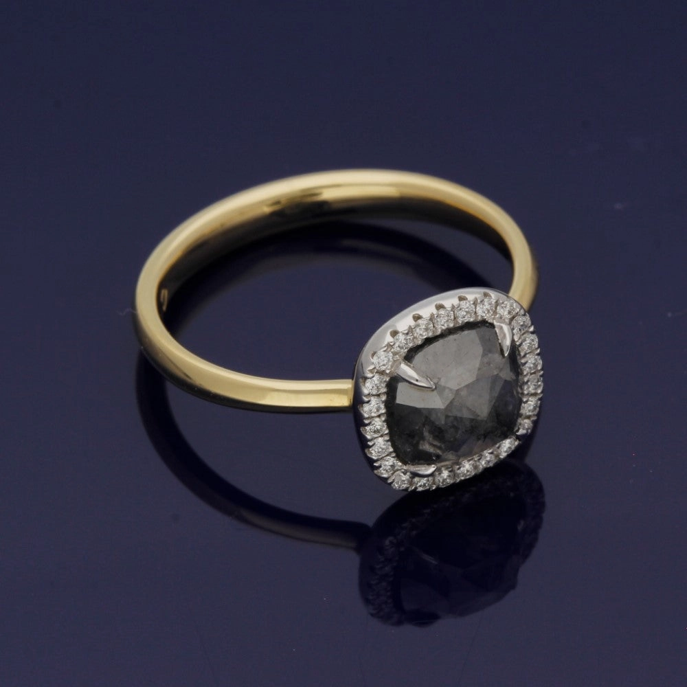 18ct Yellow Gold Diamond Halo Ring with 1.89ct Cushion Cut Salt & Pepper Diamond