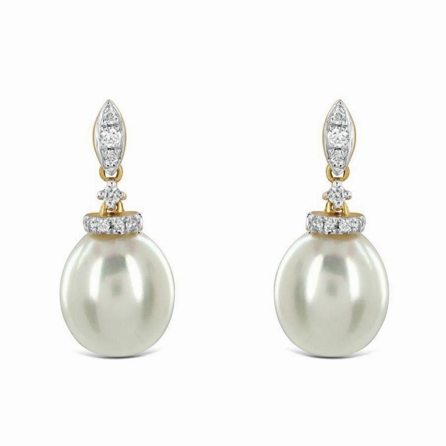 18ct Yellow Gold Freshwater Pearl & Diamond Drop Earrings