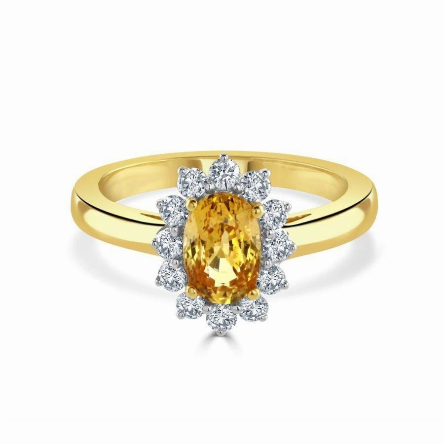 18ct Yellow Gold Golden Sapphire & Diamond Cluster Ring