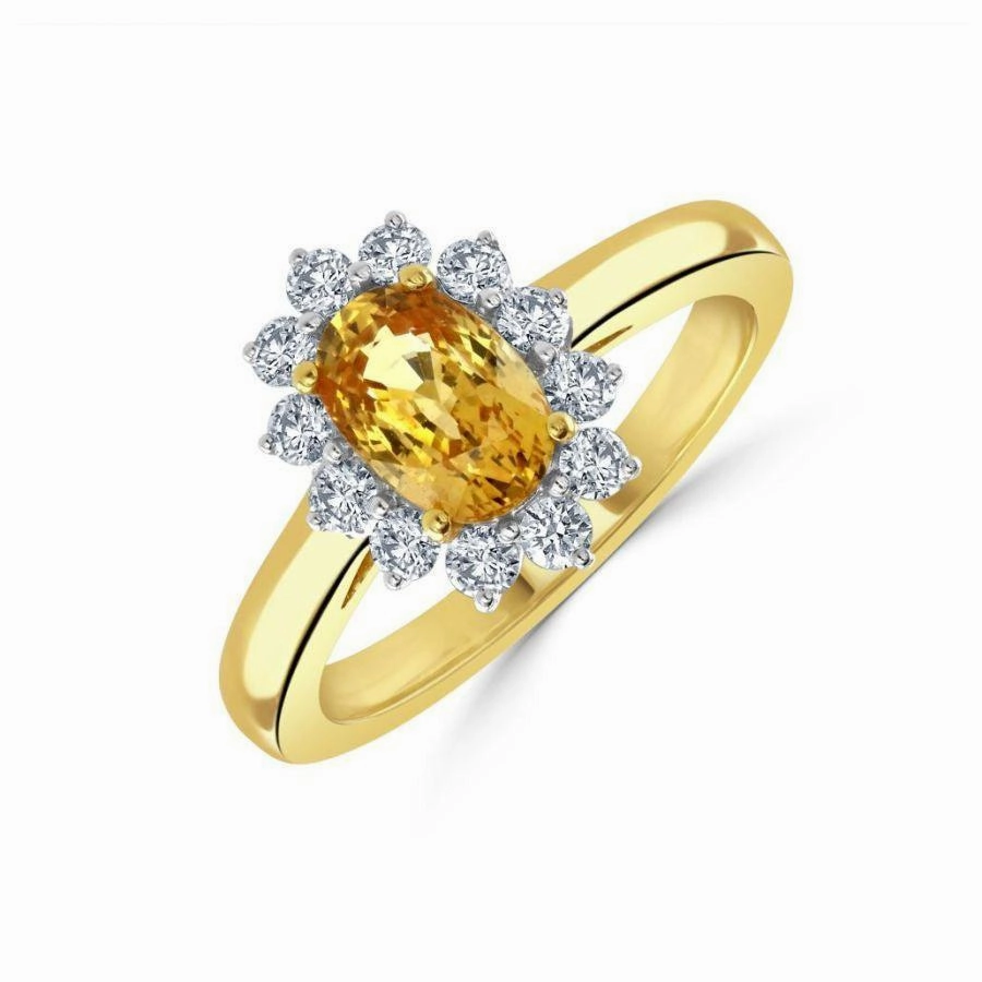 18ct Yellow Gold Golden Sapphire & Diamond Cluster Ring