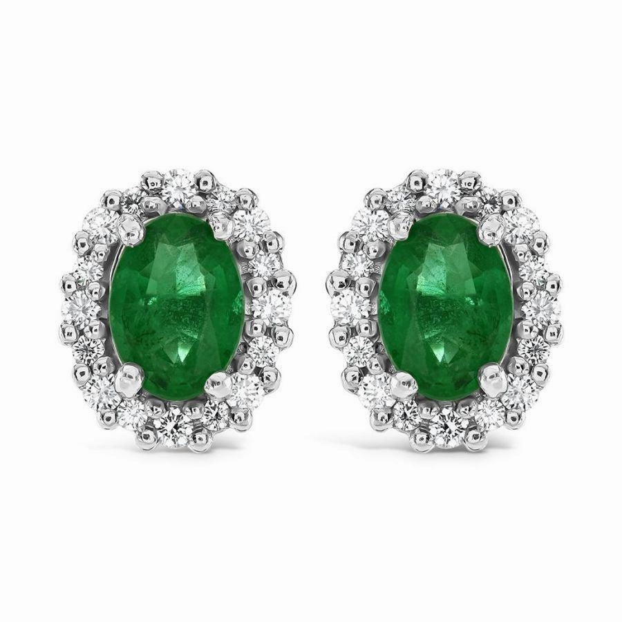 18ct Yellow Gold Oval Cut Emerald & Diamond Cluster Stud Earrings