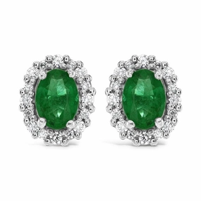 18ct Yellow Gold Oval Cut Emerald & Diamond Cluster Stud Earrings