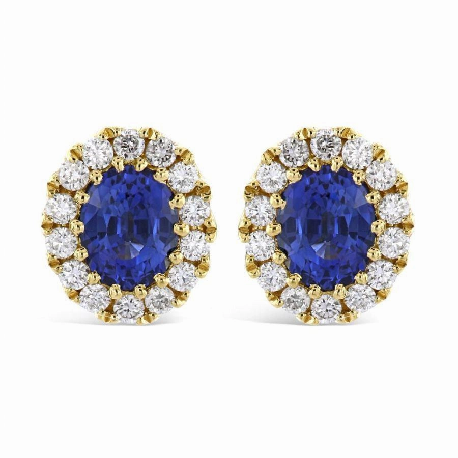 18ct Yellow Gold Oval Cut Sapphire & Diamond Cluster Stud Earrings