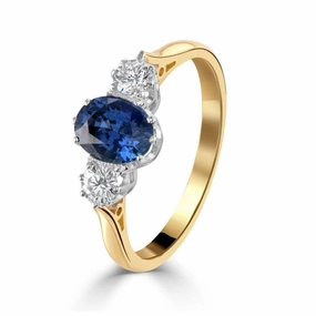 18ct Yellow Gold Oval Cut Sapphire & Round Brilliant Cut Diamond Trilogy Ring