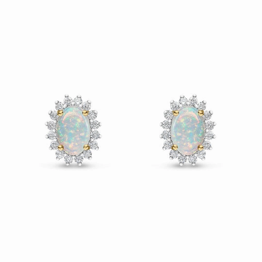18ct Yellow Gold Oval Opal & Diamond Claw Set Cluster Stud Earrings 6x4mm