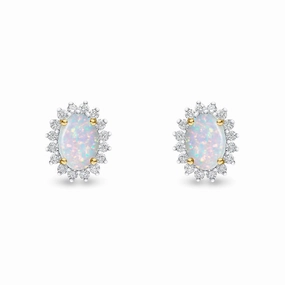 18ct Yellow Gold Oval Opal & Diamond Claw Set Cluster Stud Earrings 7x5mm