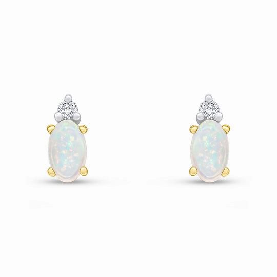 18ct Yellow Gold Oval Opal & Round Diamond Two Stone Stud Earrings 5x3mm