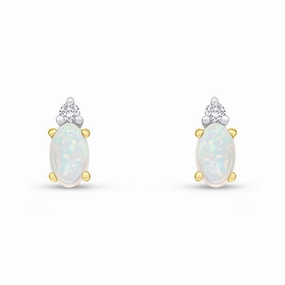 18ct Yellow Gold Oval Opal & Round Diamond Two Stone Stud Earrings 5x3mm
