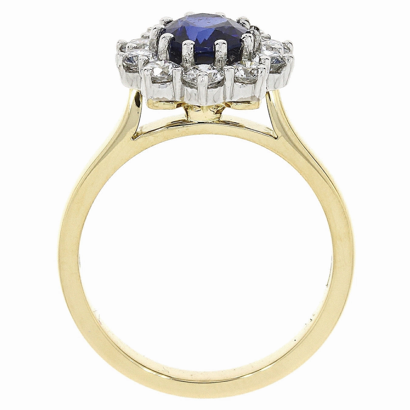 18ct yellow gold oval sapphire and round brilliant cut diamond claw set ring