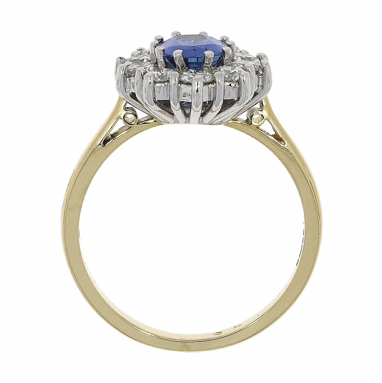 18ct yellow gold oval sapphire and round brilliant cut diamond claw set ring