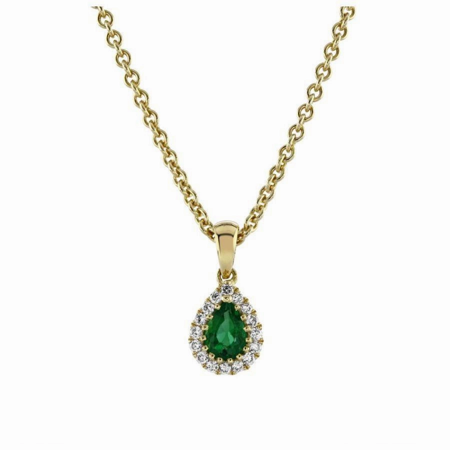 18ct Yellow Gold Pear Cut Emerald & Diamond Cluster Pendant