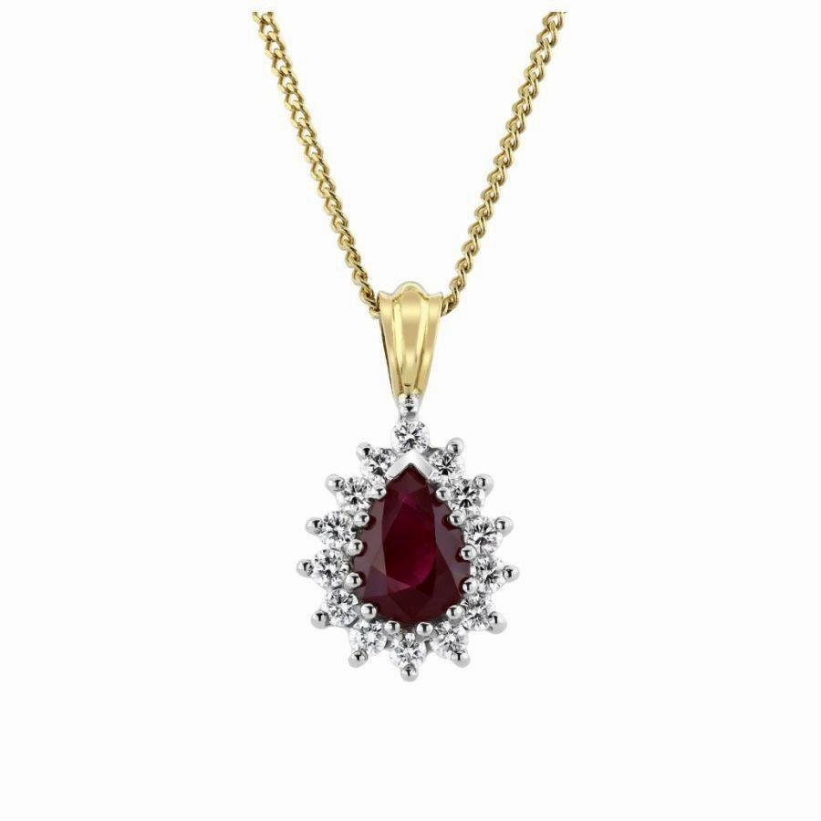 18ct Yellow Gold Pear Cut Ruby & Diamond Cluster Pendant